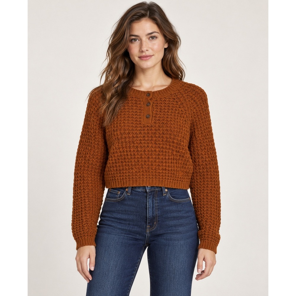 Aeropostale Sweater Fall Orange Brown Cropped Waffle Knit‎ Henley Fairy Granola